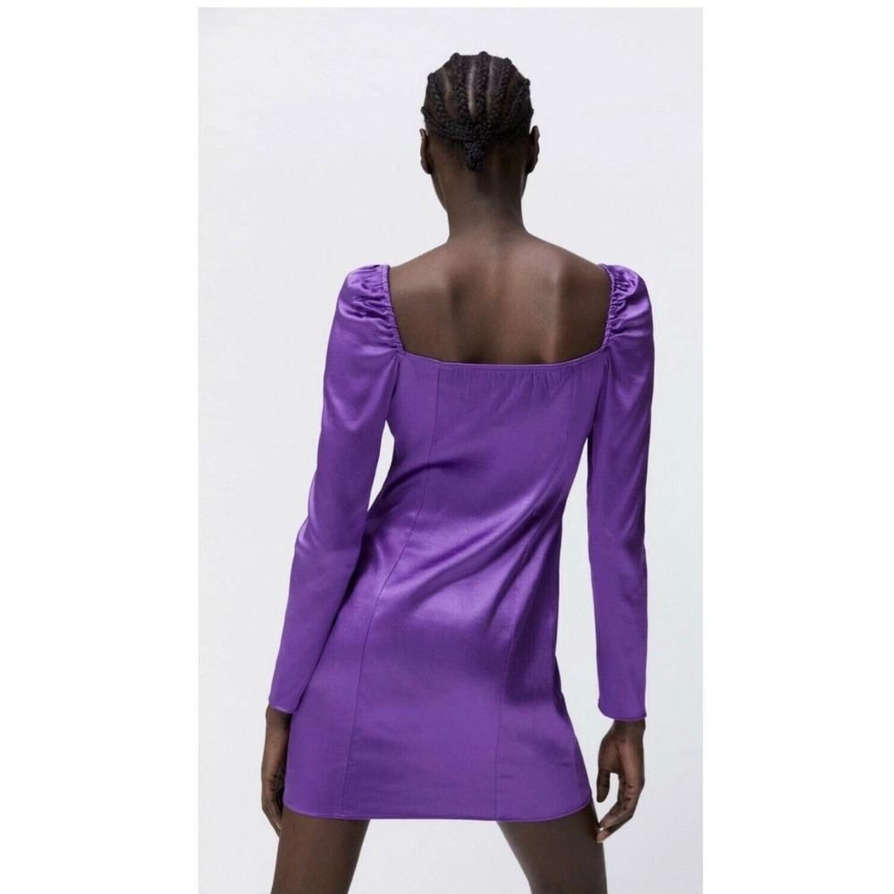 Zara Purple Satin Ruched Mini Dress Long Sleeve Sweetheart Tie NWT Large - Picture 2 of 8